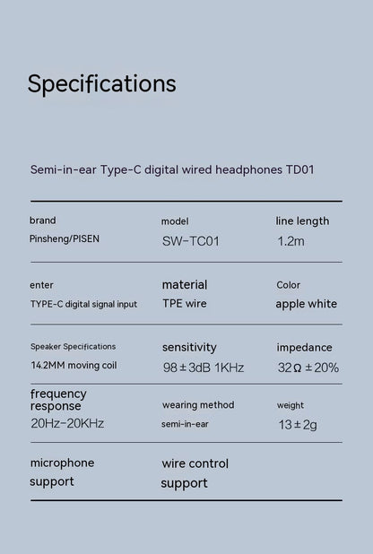 Semi-in-ear Type-C Wired Earphone Drive-by-wire Stereo Earphone