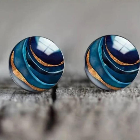 Exquisite Marbling Round Time Stone Glass Stainless Steel Studs