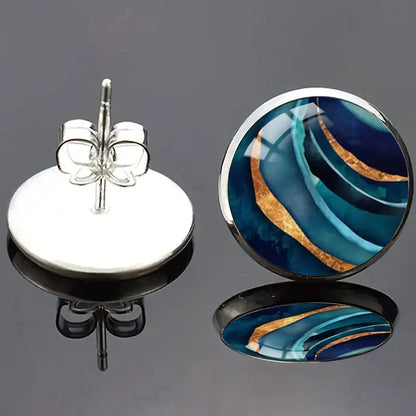 Exquisite Marbling Round Time Stone Glass Stainless Steel Studs