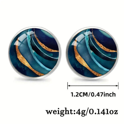 Exquisite Marbling Round Time Stone Glass Stainless Steel Studs