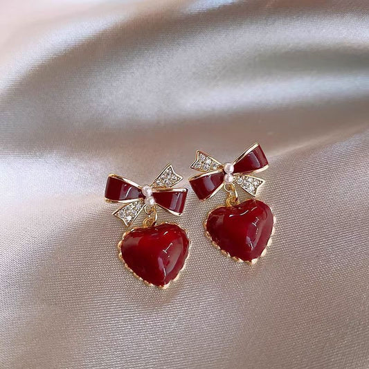 Special Interest Light Luxury Graceful Bow Love Heart Stud Earrings Women