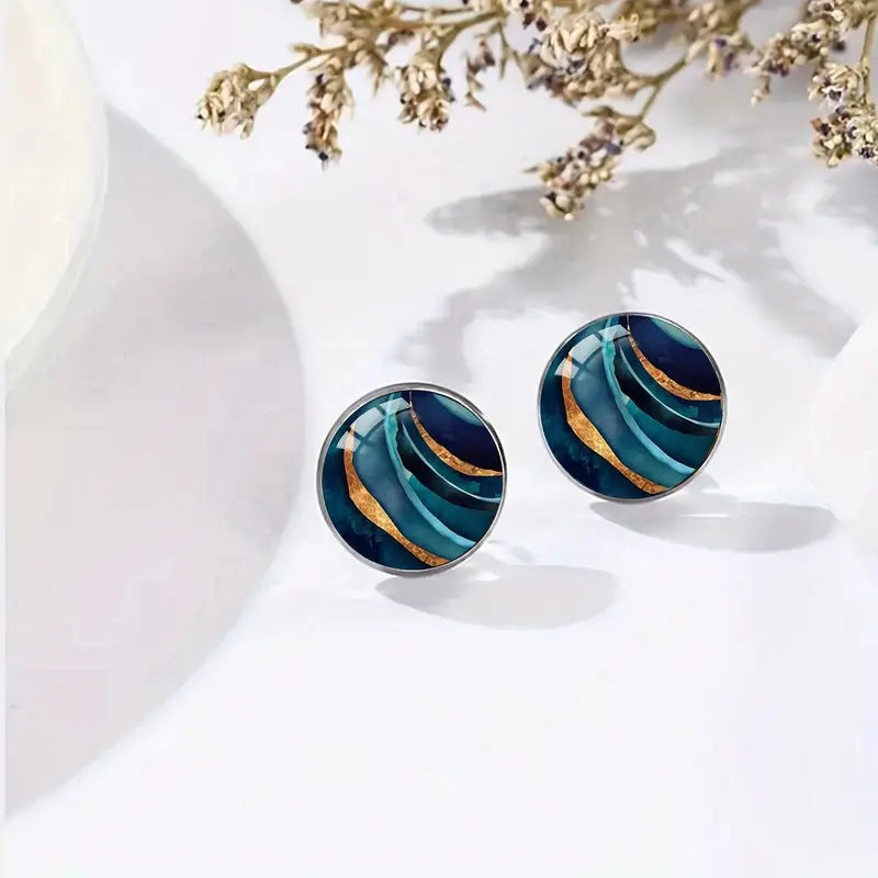 Exquisite Marbling Round Time Stone Glass Stainless Steel Studs